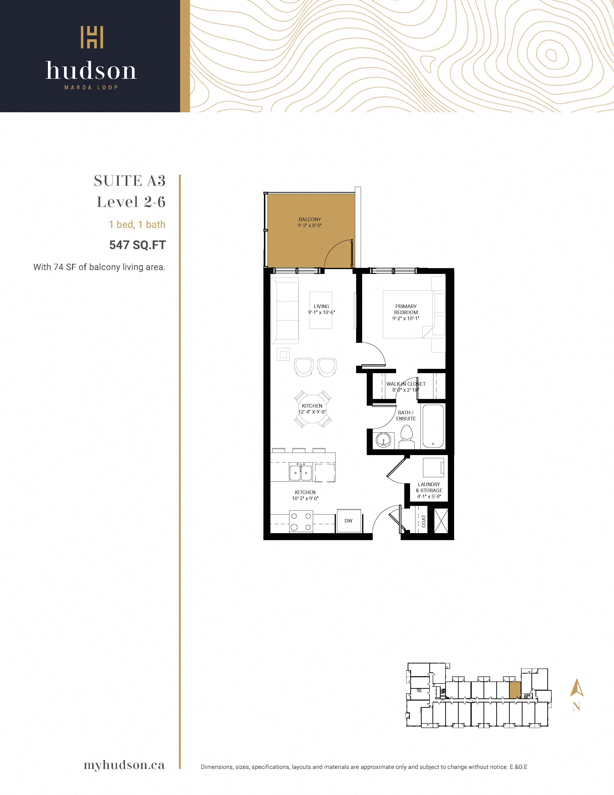 Floor plan for 1 bed, 1 bath, 547 sqft